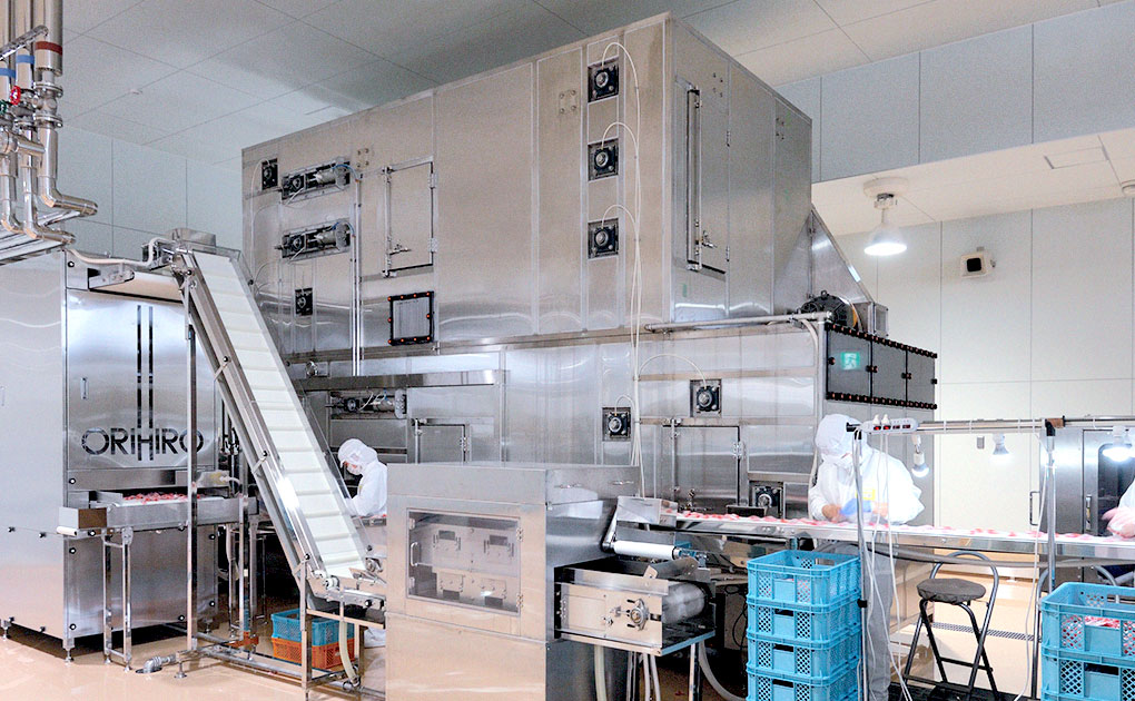 Sterilization / cooling system with continuous retainer and low-temperature steam (pouch jelly production line)